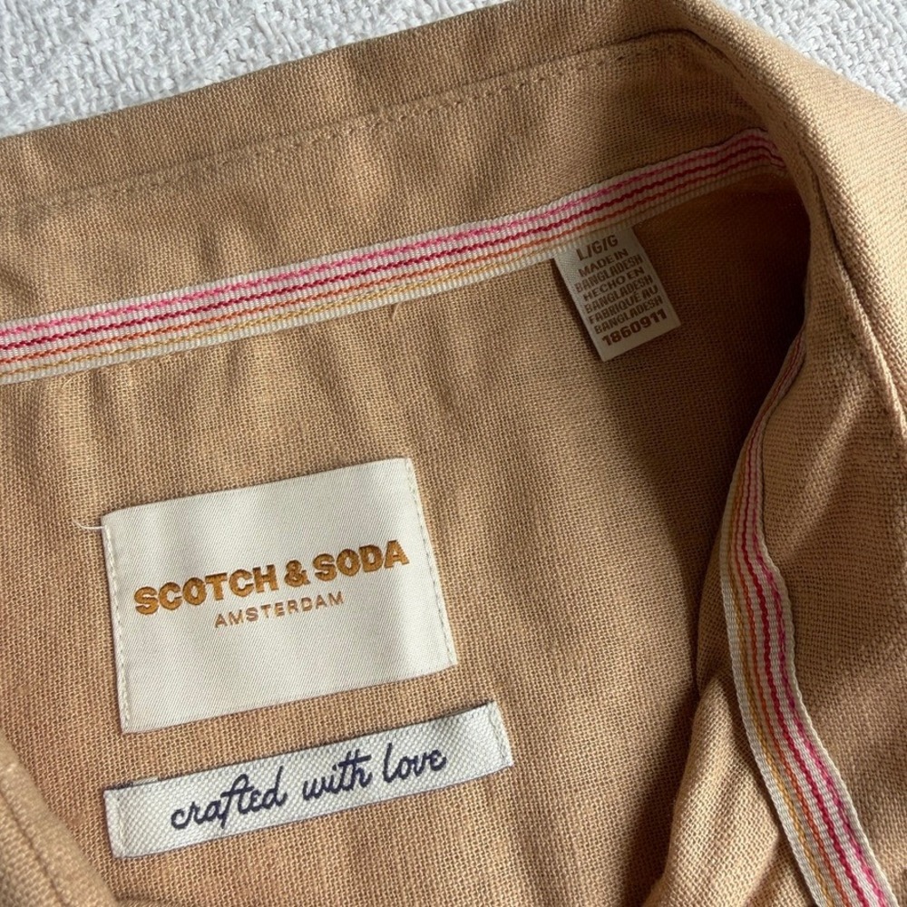 Scotch & Soda Tan Linen Blend Pintuck Pleated Short Sleeve Shirt Mens Large - Picture 6 of 9